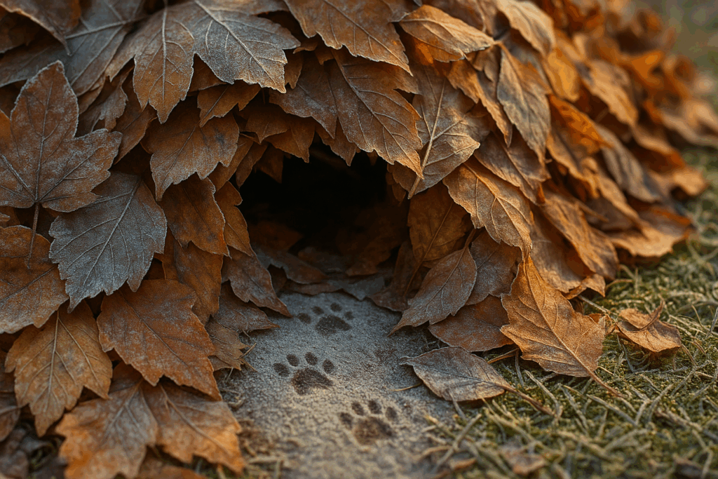 Kleine Igel-Pfotenspuren im Herbstlaub führen zu einem natürlichen Eingang im Laubhaufen- Igelquartier bauen