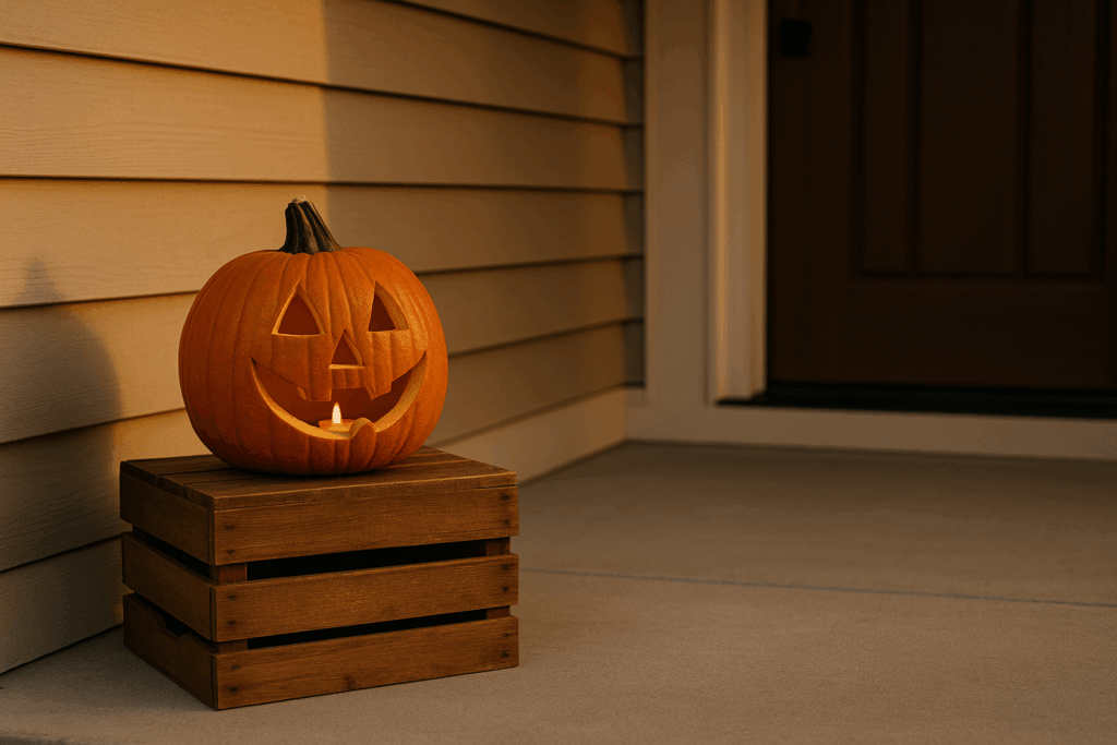 Ausgehöhlter Kürbis mit LED-Licht steht erhöht und trocken auf einer Holzkiste unter einem Vordach