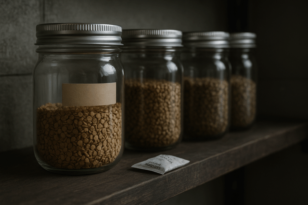 Schraubgläser mit Samen im Kellerregal; kleines Silicagel-Beutelchen sichtbar, ruhige Ordnung - Saatgut retten