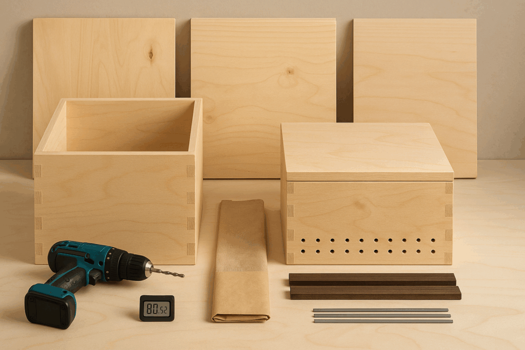 Holz, Bohrer, Liner, Rostleisten und Hygrometer für den Bau der Dunkelbox