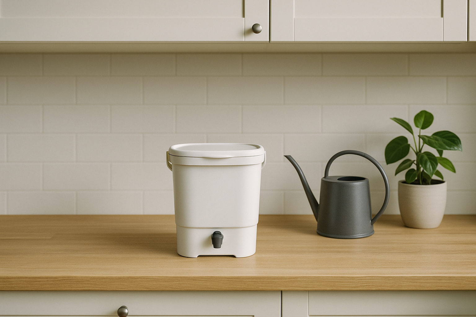 Mini-Bokashi-Eimer auf heller Küchenplatte mit Gießkanne und Zimmerpflanze, links Negativraum
