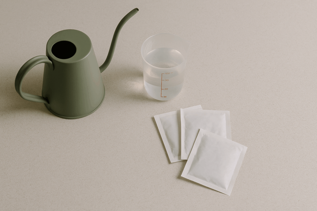 Gießkanne, Messbecher mit Wasser und Nützlings-Sachets zur Nematoden-Anwendung