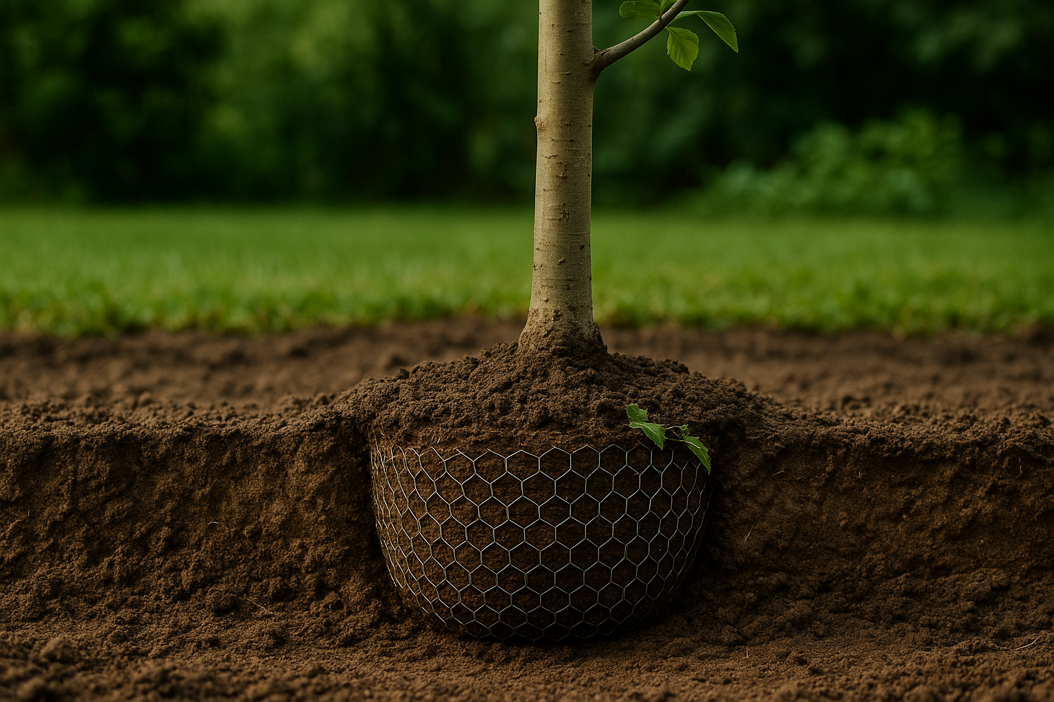 Querschnitt: Jungbaumwurzelballen vollständig in einem Drahtkorb, Korbrand knapp unter der Erdoberfläche - Wühlmäuse: Schutz statt Gift