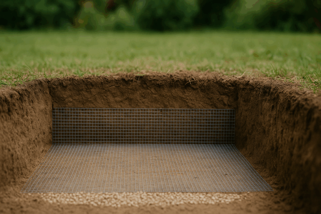 Querschnitt einer Erdmiete mit 8–10 cm Sand-Drainage und Wühlmausgitter
