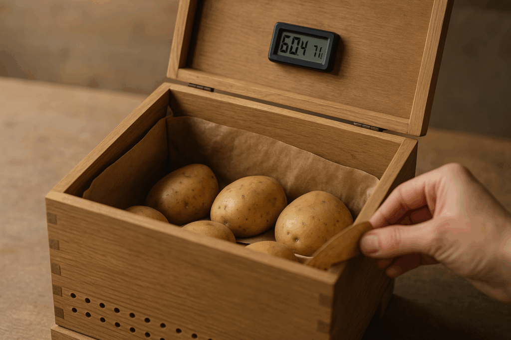 Offene Box mit Hygrometer und angehobenem Liner für die wöchentliche Kontrolle