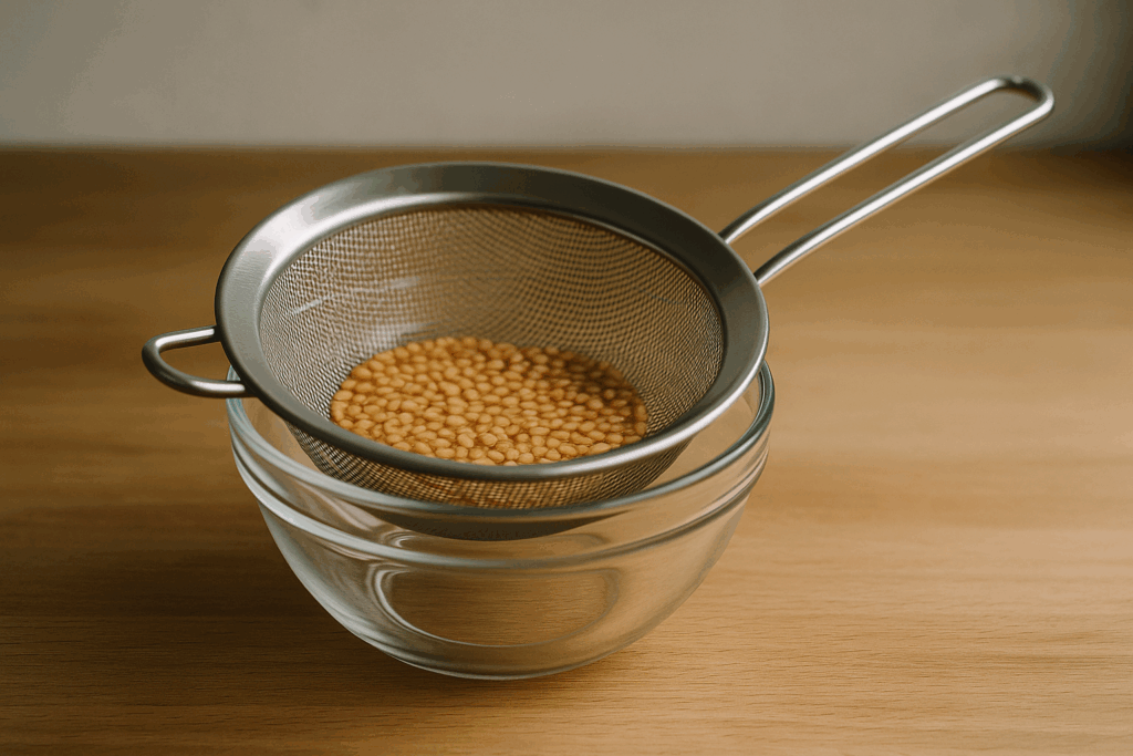Tomatensamen im feinen Sieb über einer Glasschüssel nach dem Abspülen, ohne Hände