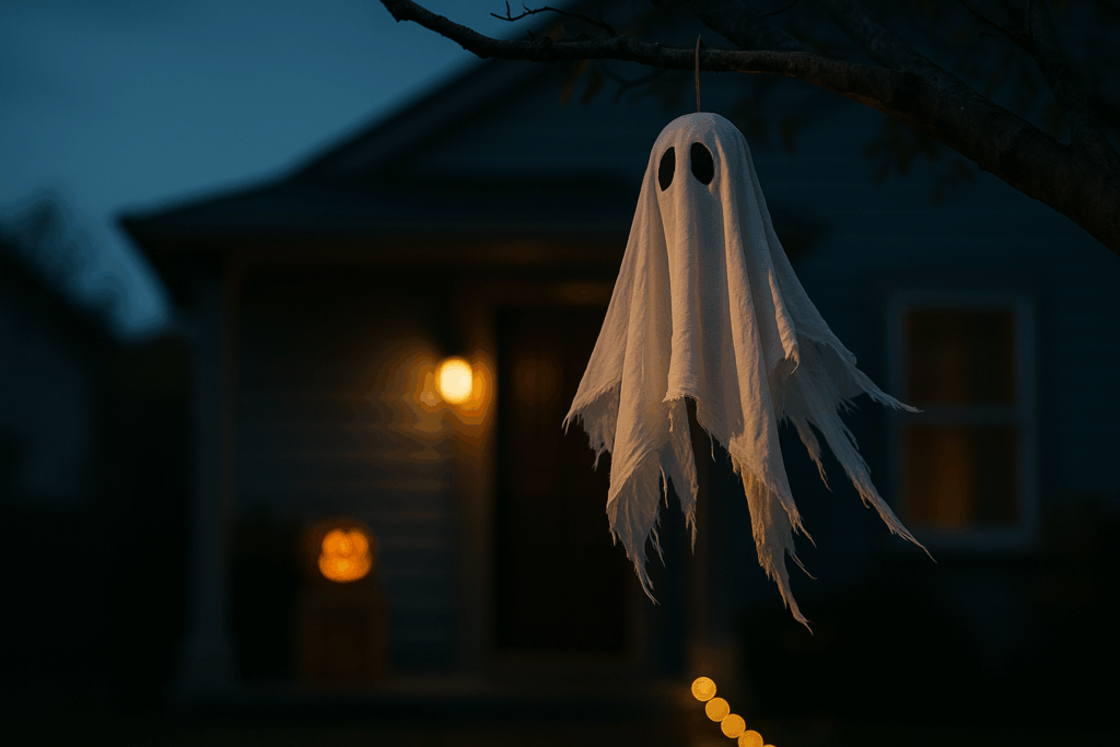 Weißes Laken-Gespenst hängt frei an einem Ast neben einem herbstlich beleuchteten Hauseingang in der Dämmerung - Halloween