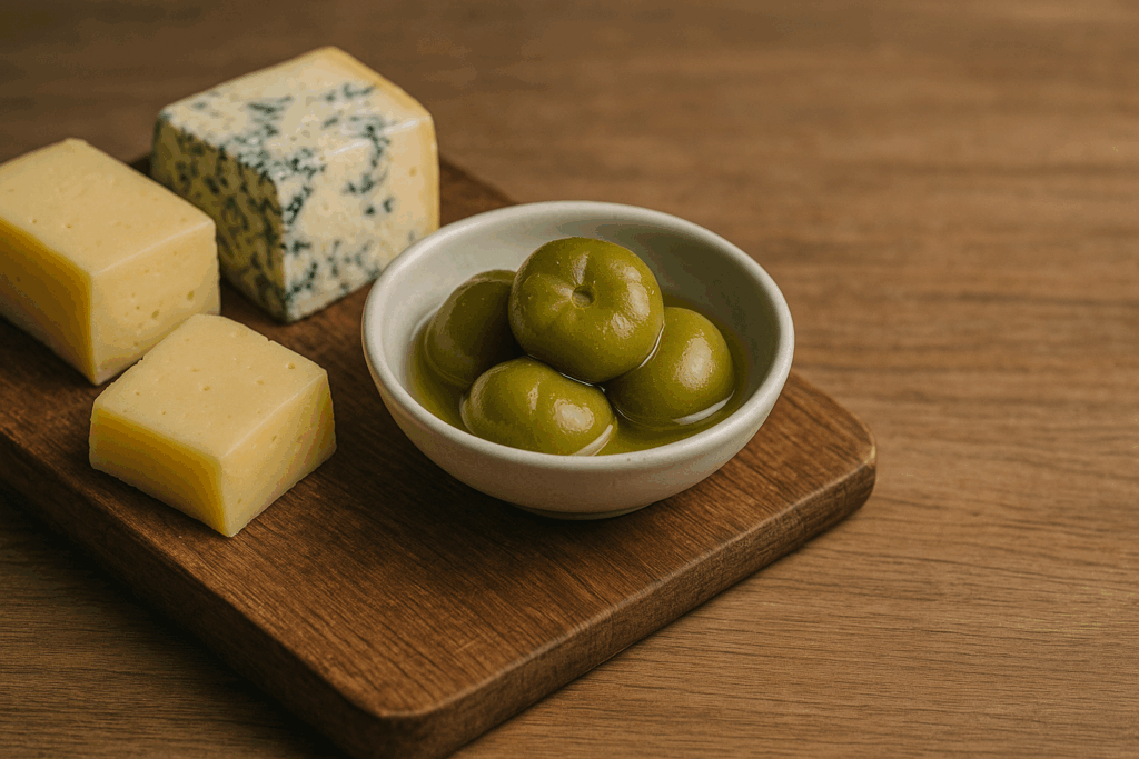 Käsebrett mit Schale fermentierter grüner Tomaten, warmes Licht, Negativraum rechts