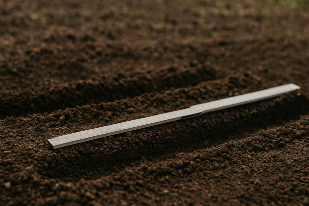 Maßband markiert 20–25 cm Reihenabstand im Spinatbeet