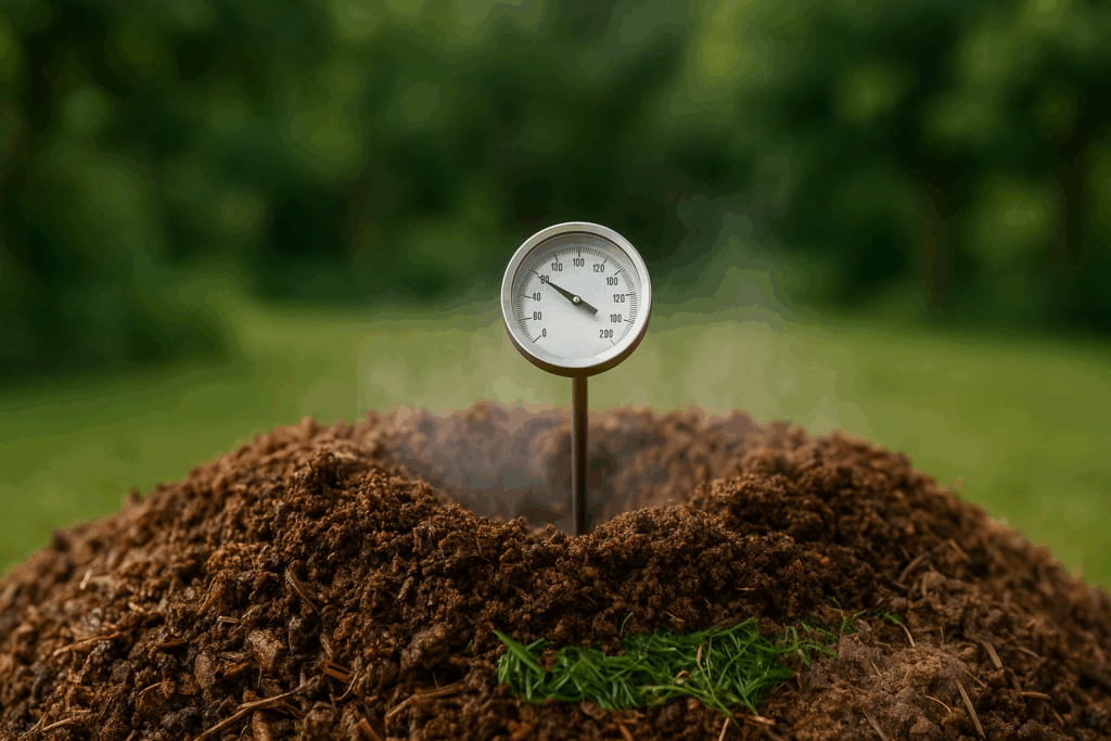 Kompostthermometer im dampfenden Kompostkern, ruhiger Gartenhintergrund, Platz links für Text