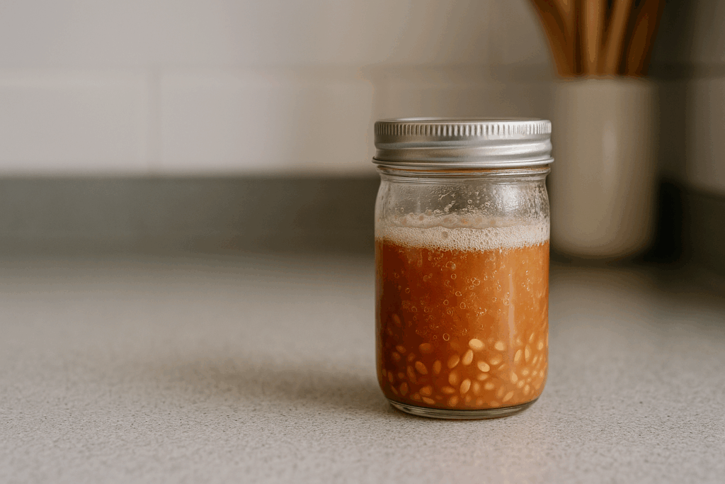 Schraubglas mit Tomatenfermentation nach zwei Tagen, Bläschen und dünner Schaumrand auf Arbeitsplatte.