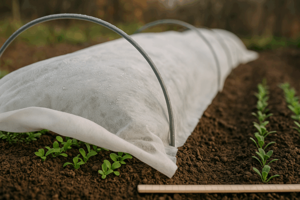 Leicht geöffnetes Gartenvlies über jungen Reihen; Kondens zeigt Lüftungsbedarf