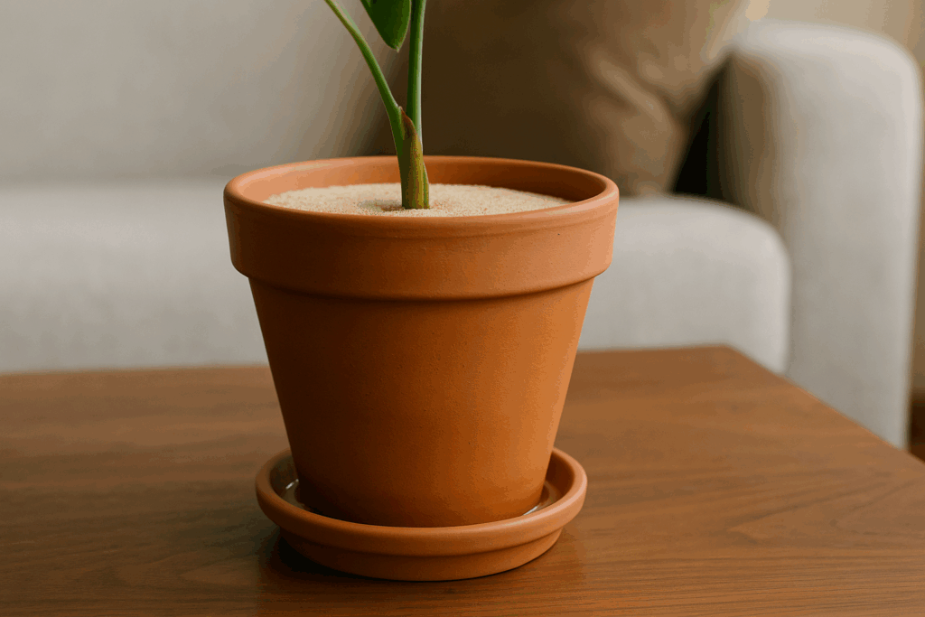 Topf im Untersetzer mit Wasserlinie; trockene Sandoberfläche im Topf sichtbar