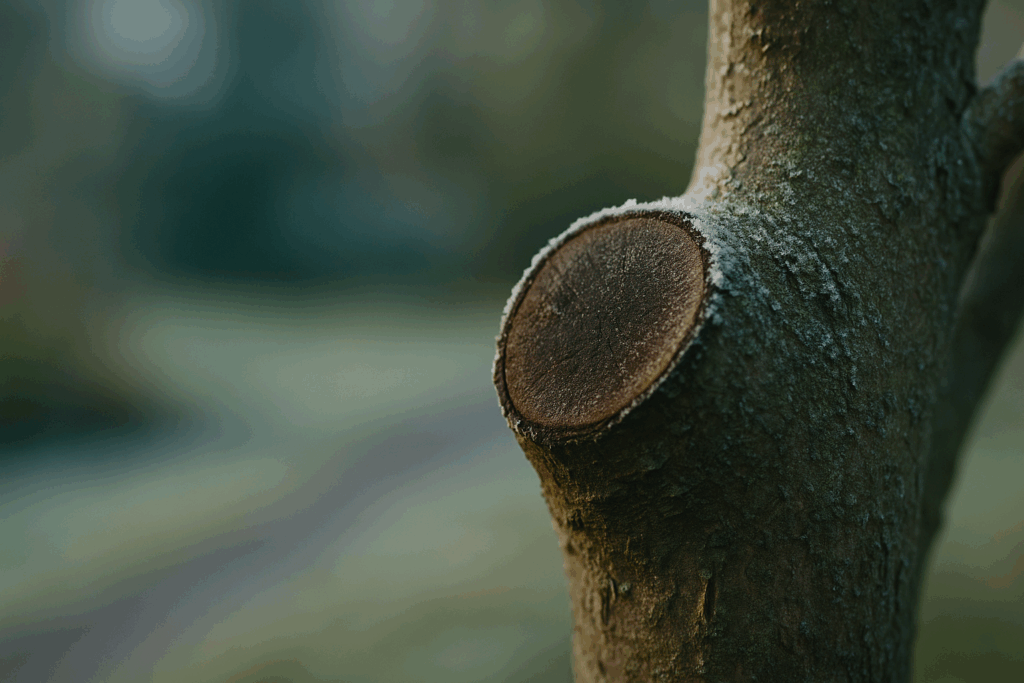 Vereiste, verfärbte Schnittstelle an Obstbaumrinde als Symbol für Herbst-Risiken