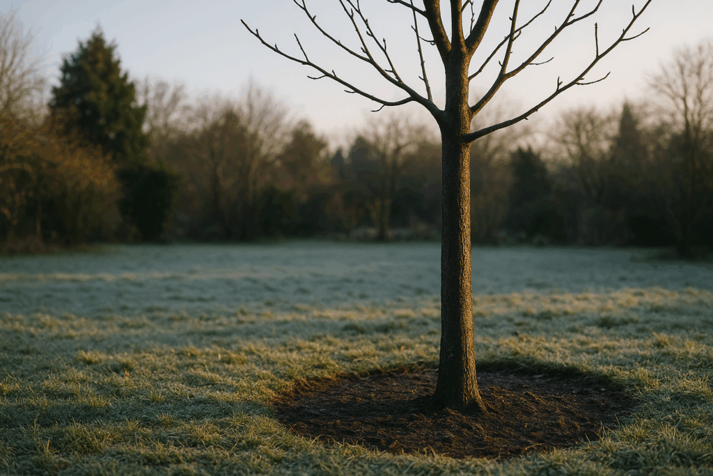Junger Apfelbaum in Wintersonne; Lichtkante auf der Rinde macht das Risiko für Frostrisse sichtbar - Baumscheibe