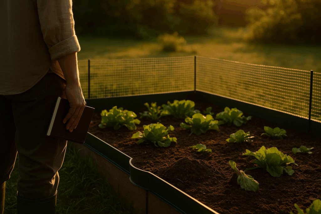 Geordnetes Gemüsebeet mit Schutzmaßnahmen und einer Person mit Notizbuch in der Abendsonne als Symbol für gelöste Fraßspur-Probleme