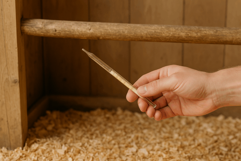 Messröhrchen in Stallluft, ohne sichtbare Skala; frische Einstreu unter der Sitzstange