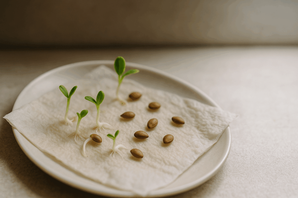 Gekeimte Samen mit kleinen grünen Blättchen auf feuchtem Küchenpapier neben ungekeimten Körnern nach sieben Tagen