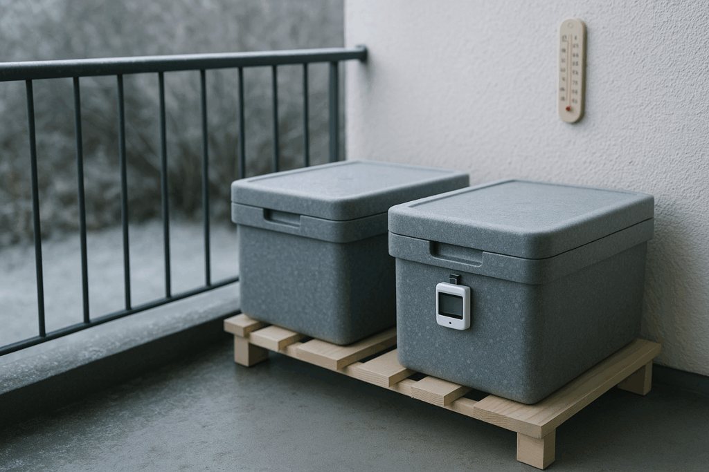 Nordbalkon mit erhöhten Isolierkisten und Logger - Lebensmittel draußen lagern