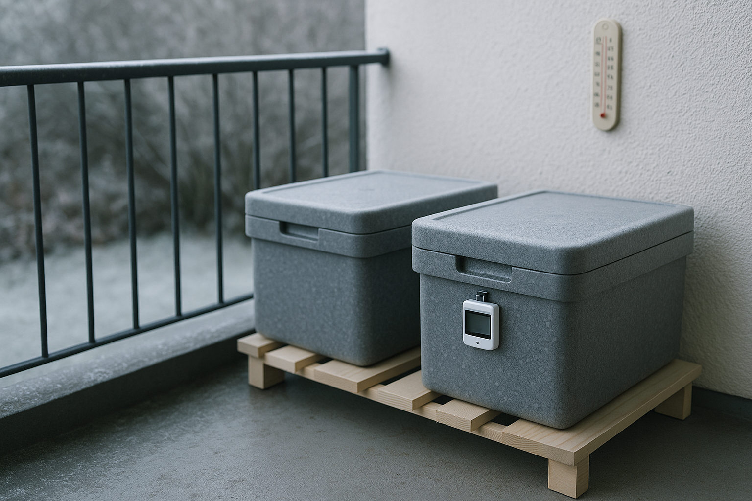 Nordbalkon mit erhöhten Isolierkisten und Logger - Lebensmittel draußen lagern