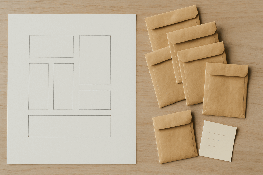 Beetplan-Skizze ohne Zahlen, daneben sortierte Saatgut-Umschläge für jedes Beet