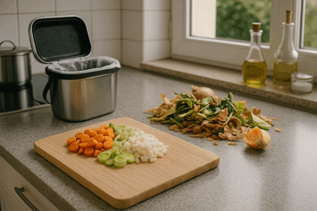 Drei sortierte Beutel mit Gemüseresten liegen bereit, hell-neutral-kräftig getrennt auf der Arbeitsplatte - Gemüsebrühe aus Resten