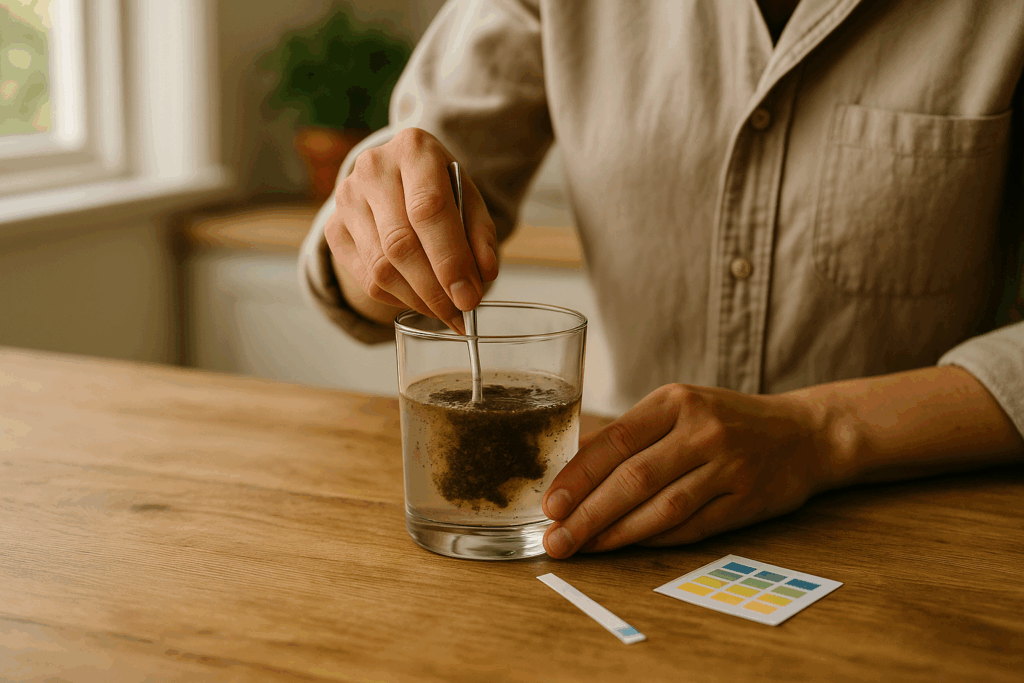 Eine Bodenprobe wird mit destilliertem Wasser angerührt, der pH-Teststreifen liegt daneben einsatzbereit auf dem Tisch