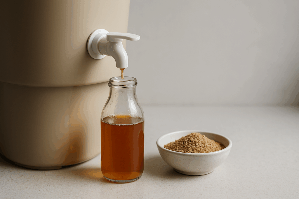 Bokashi-Saft fließt aus dem Eimer in eine Flasche, EM-Kleie liegt bereit