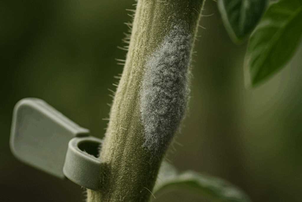 Makro: grauer Schimmel an Tomatenstängel, Markerklammer ohne Schrift, Hintergrund unscharf - Schimmel stoppen