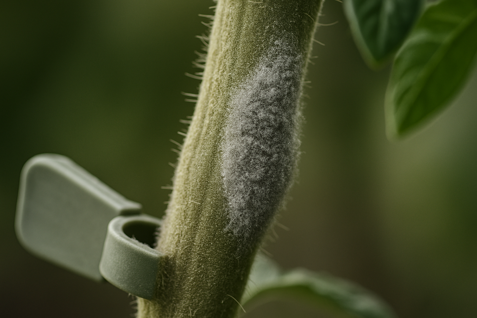 Makro: grauer Schimmel an Tomatenstängel, Markerklammer ohne Schrift, Hintergrund unscharf - Schimmel stoppen