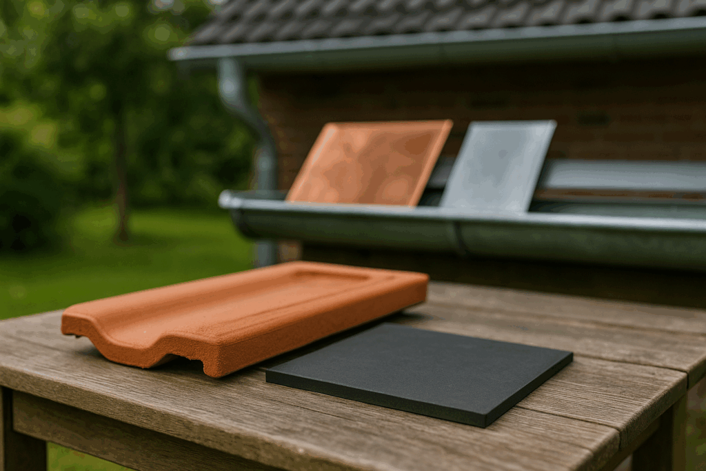 Unbedenkliche Dachmaterialien vorn, Kupfer/Zink unscharf im Hintergrund an der Rinne