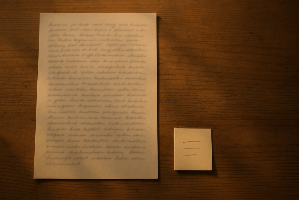 Große volle Liste neben kleinem Haftzettel mit wenigen Punkten, warmes Abendlicht, klarer Spar-Effekt