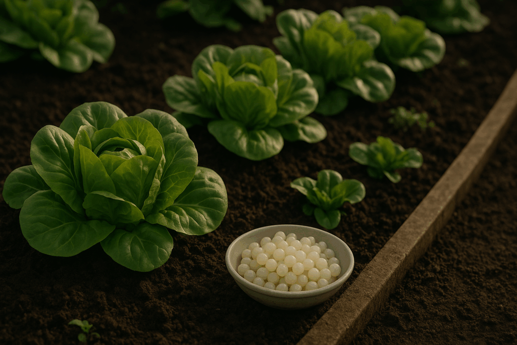 Frühjahrsbeet mit kräftigen Salatköpfen ohne Fraßspuren, dunkler feuchter Boden, keine Schleimspuren