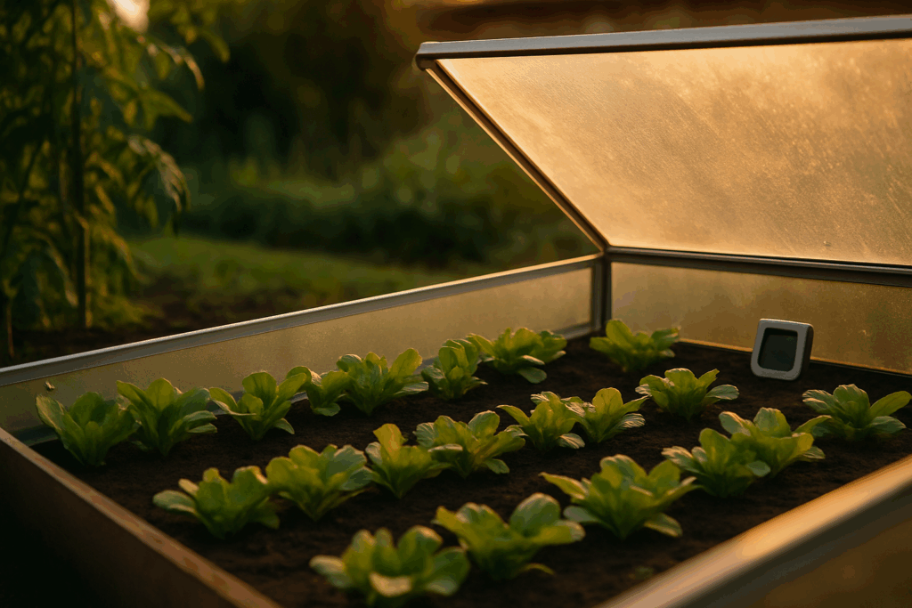 Weite Abendansicht: trockene Pflanzen, klare Haube, geordnete Salatreihen im Frühbeet
