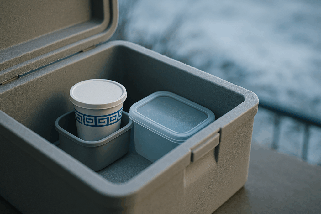 Offene Isolierkiste mit dichten Behältern, innen trocken, geordnet