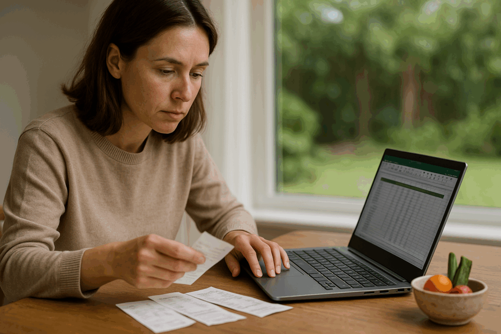 Person rechnet Selbstversorgungskosten am Laptop mit Quittungen und etwas Gemüse, im Hintergrund ist der Garten durch das Fenster zu sehen