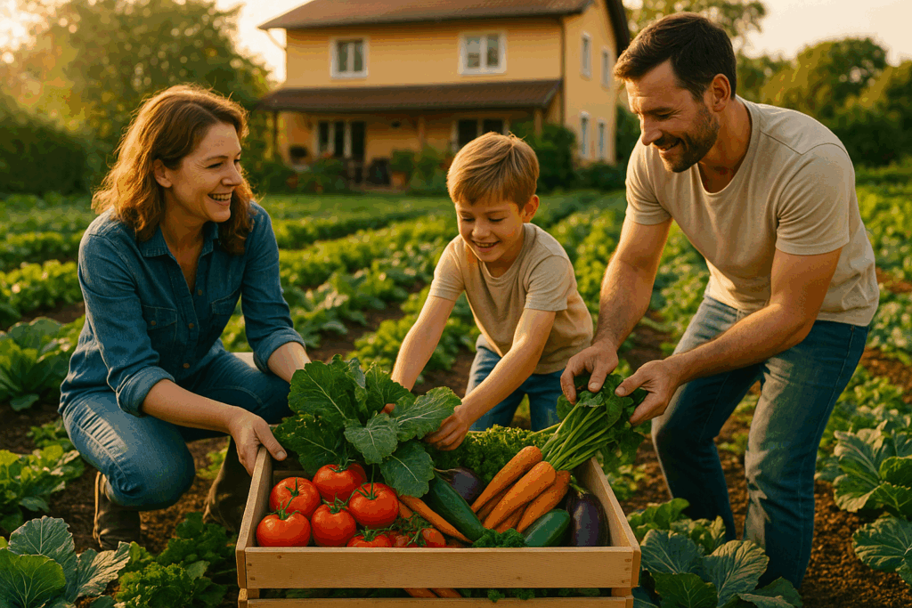 Menschen ernten gemeinsam in einem vollen Gemüsegarten und füllen eine große Kiste mit Gemüse, warmes Abendlicht betont die entspannte Stimmung - Selbstversorgung