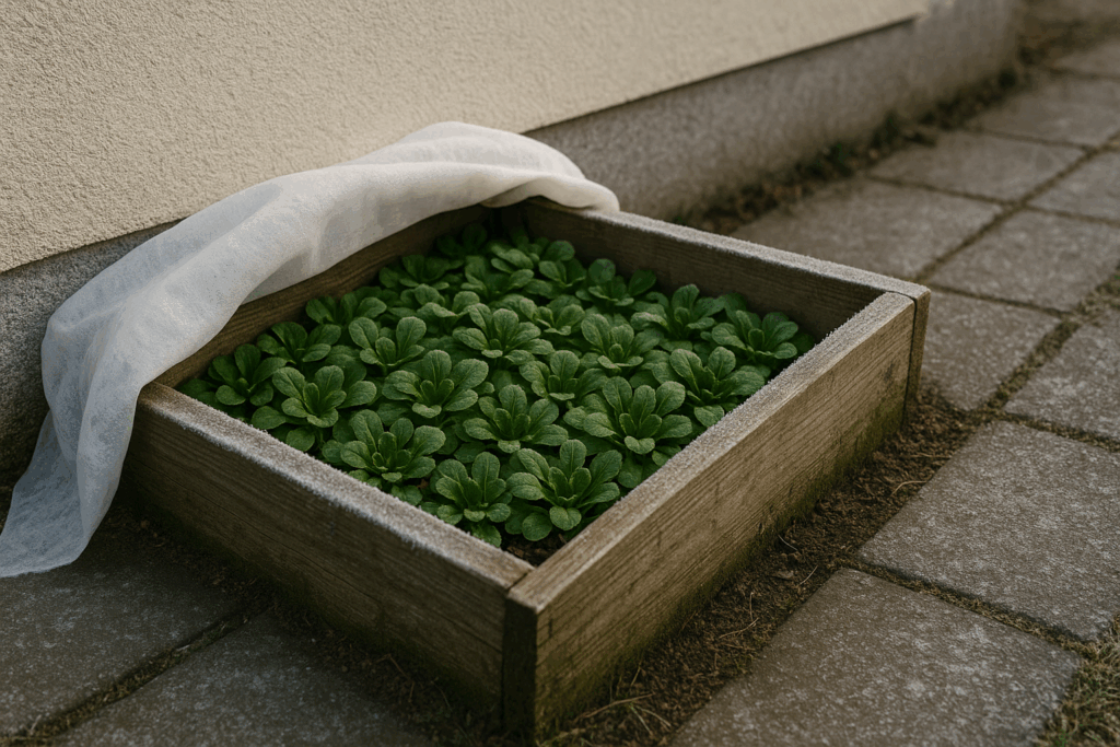 Feldsalat in Kiste an Hauswand mit leichtem Reif