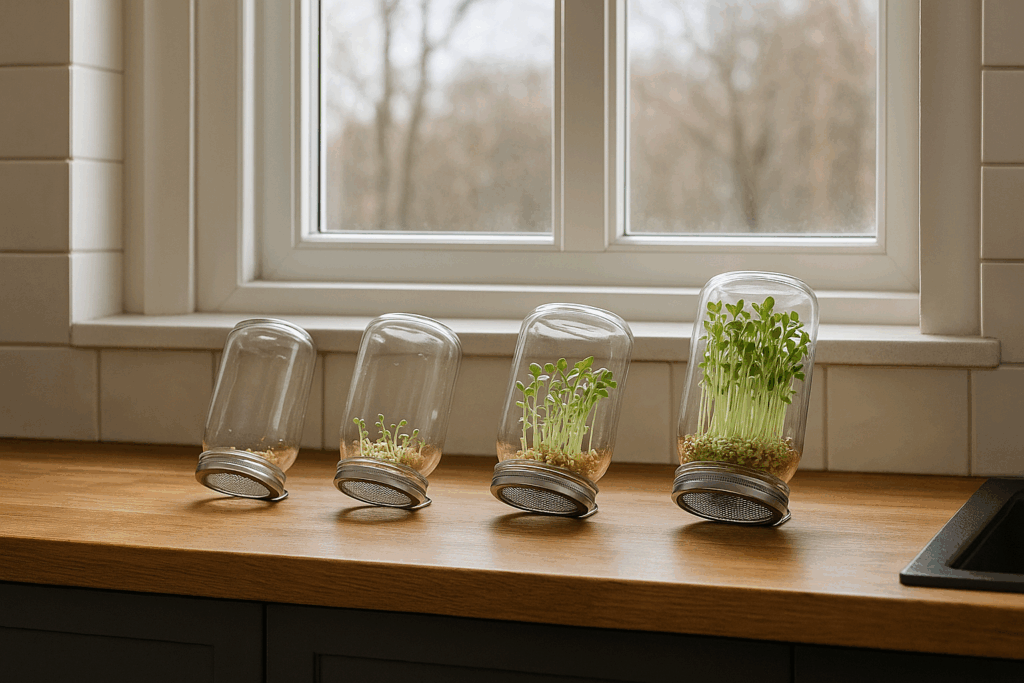 Vier Sprossengläser auf der Fensterbank in unterschiedlichen Stadien als Rotation für tägliche Ernte - Microgreens & Sprossen im Winter