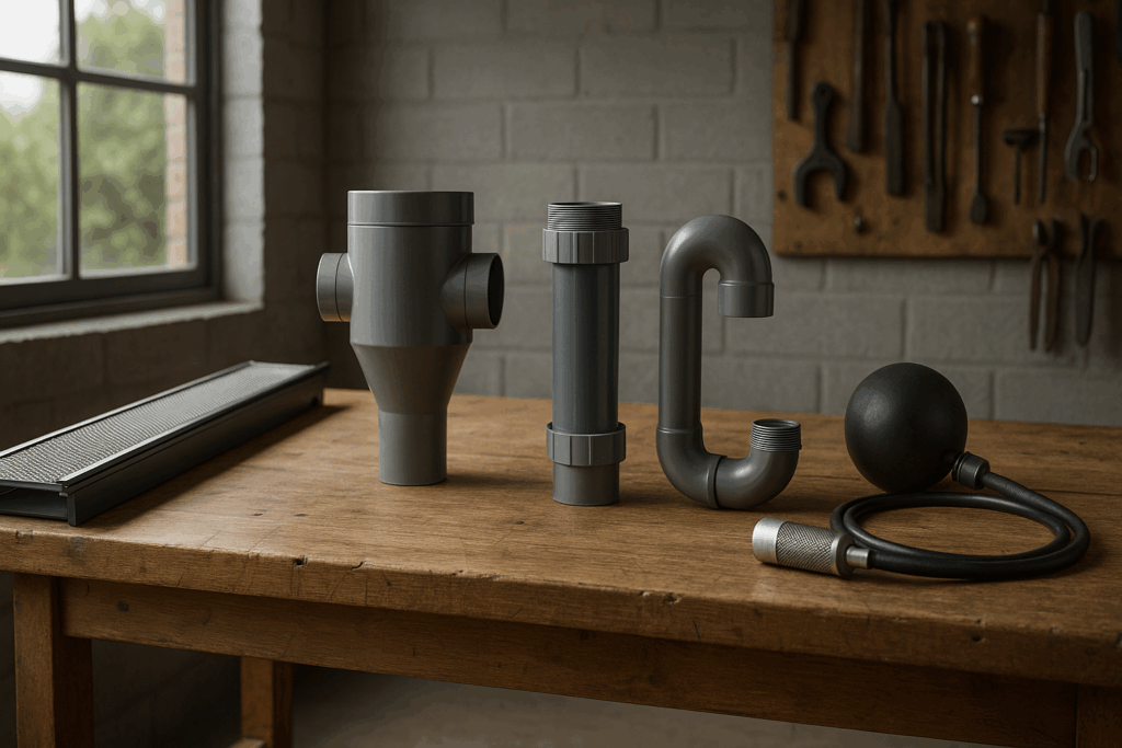 Filterkette für Regenwasser von Rinne bis Entnahme sauber auf einer Werkbank ausgelegt