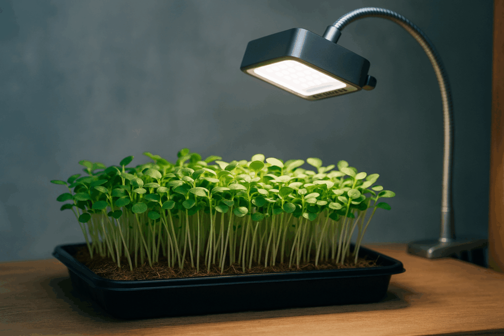 Microgreens-Schale unter kleiner LED-Lampe auf der Fensterbank, seitliches Tageslicht