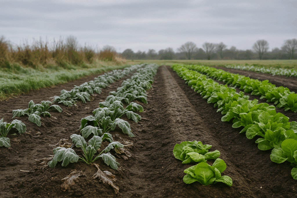 Gemüsegartenbeet mit erfrorenen Jungpflanzen neben gesunden Reihen, kühles Licht zeigt das Risiko von Fehljahren
