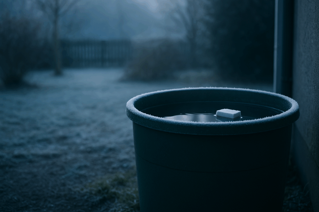 Regentonne mit abgesenktem Wasserstand und Styroporstück als Eisdruckpuffer