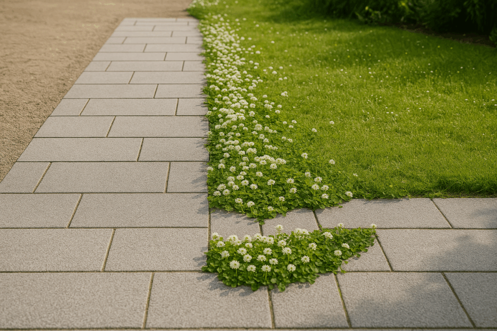 Bewachsene Terrassenfugen mit weißen Blüten neben trockenen Steinen, oben rechts freier Bereich