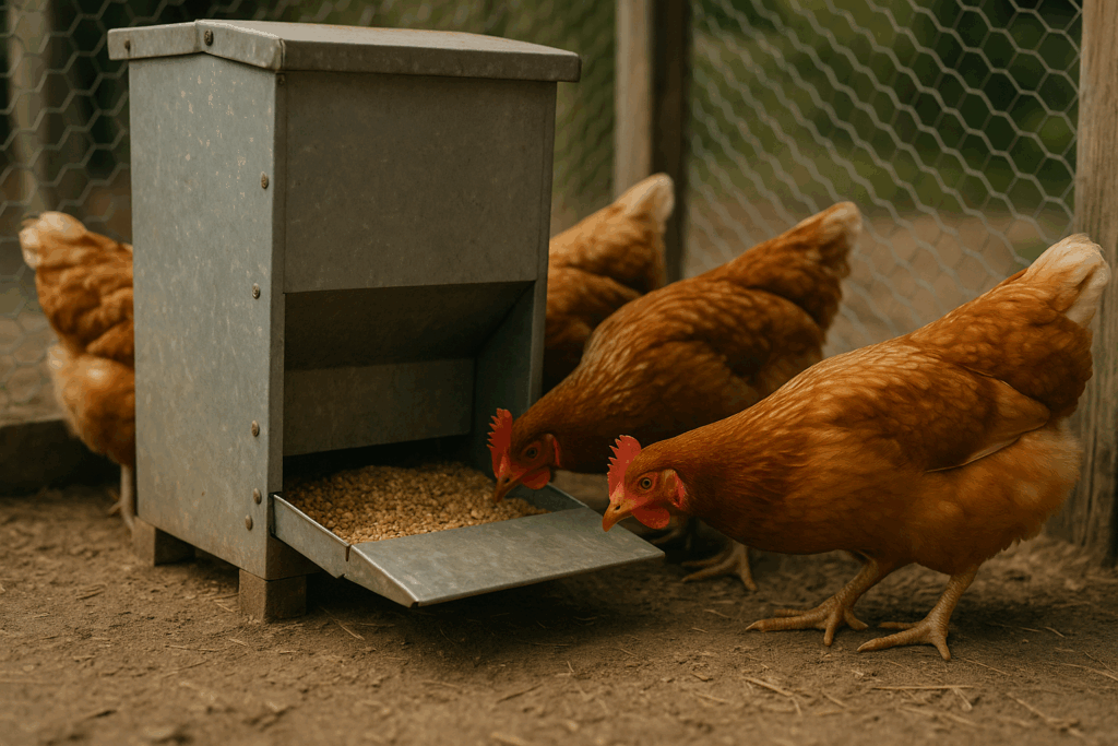 Hühner fressen an einem Trittklappen-Futterautomat im Freilaufbereich - Futter & Körner lagern