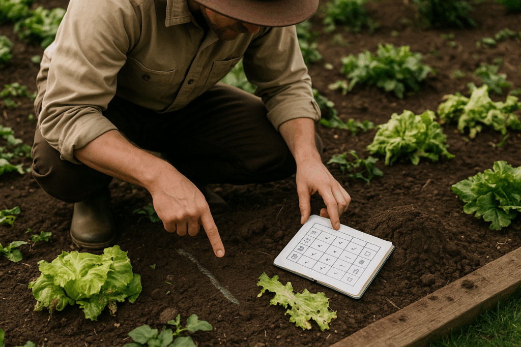 Person kniet am Gemüsebeet, vergleicht Schleimspur, Erdhaufen und angefressene Blätter mit einer Spuren-Notiz im Heft