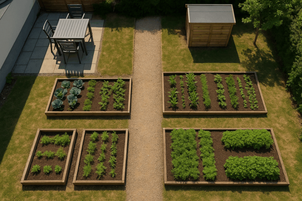 Übersicht eines typischen Hausgartens mit Wegen, Terrasse und wenigen nutzbaren Gemüsebeeten aus der Vogelperspektive