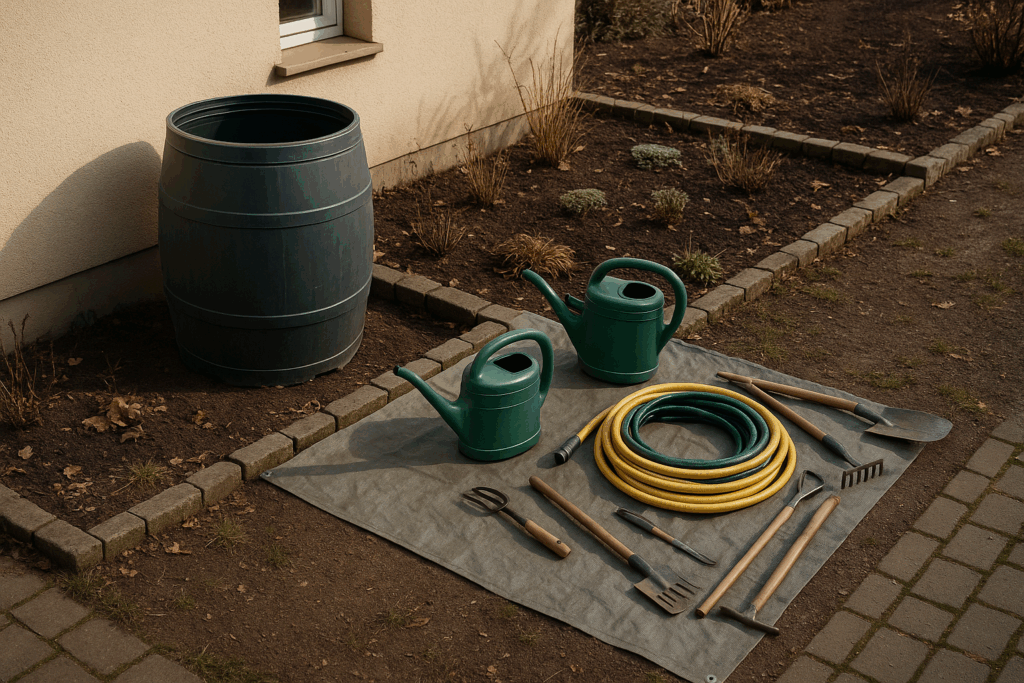 Gartenplatz mit leerer Regentonne, Gießkannen und aufgerollten Schläuchen als Vorbereitung auf den Winter