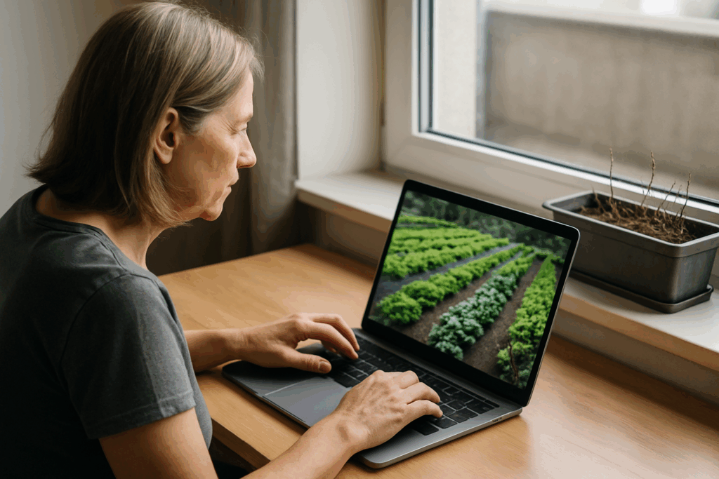 Person betrachtet perfekte Online-Gartenbilder am Laptop, während der eigene Balkonpflanzkasten daneben eher mager wirkt - Mythen