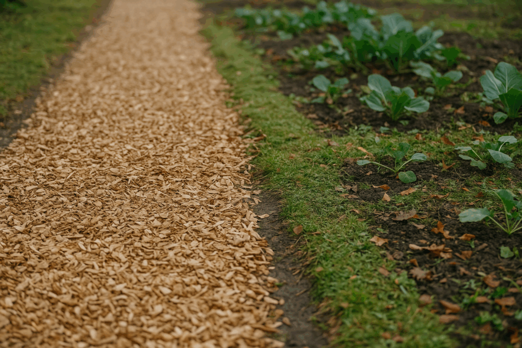 Gartenweg mit Holzhackschnitzeln neben Beet mit Mulchschicht aus Rasenschnitt und Laub, klar getrennte Einsatzbereiche der Materialien
